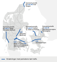 Kortet viser de statslige veje, hvor der er størst forventning om ferietrafik. Grafik: Vejdirektoratet