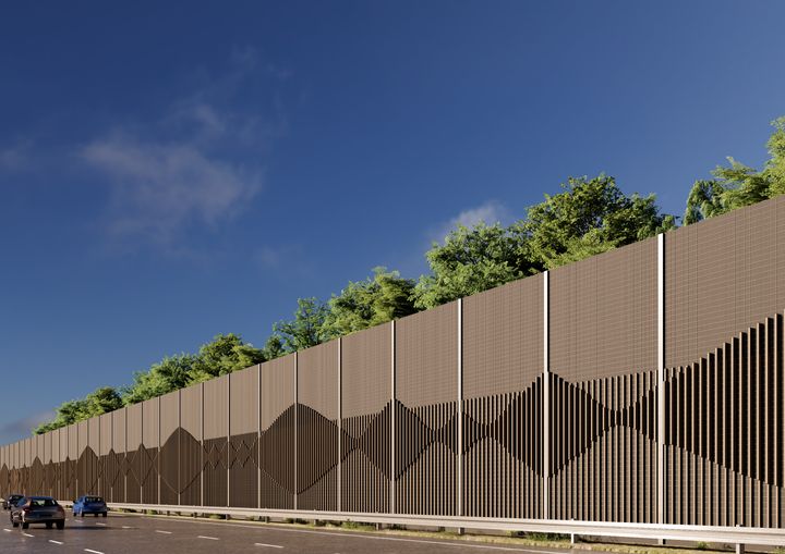 Visualisering af den kommende støjskærm langs Holbækmotorvejen i Taastrup. Grafik: Sweco Architects.