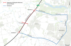 Omkørsel for trafikanter på E45 Østjyske Motorvej mens motorvejen er spærret mellem 57 Horsens S og 56b Horsens C.