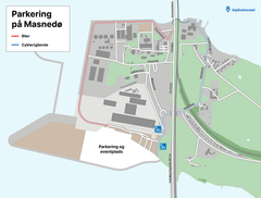 Parkeringsområdet på Masnedø åbner lørdag kl. 11.00 og søndag kl. 8.30. Særligt lørdag forventes en del kø i området om formiddagen, inden p-pladsen åbner. Grafik: Vejdirektoratet