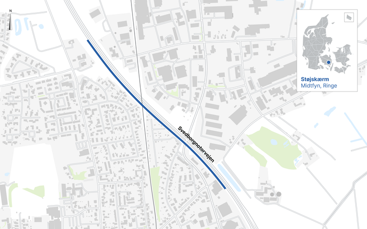 Støjskærmen bliver sat op langs Svendborgmotorvejen, så den dæmper støjen for boligområderne i den vestlige del af Ringe. Kort: Vejdirektoratet.