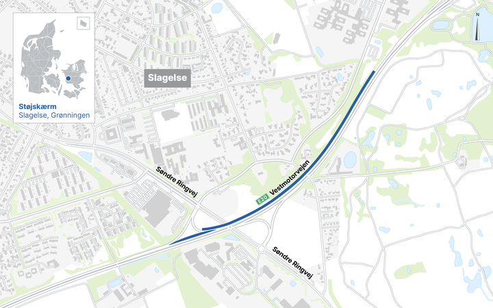 Støjskærmen bliver sat op på den nordlige side af Vestmotorvejen og strækker sig fra vest for tilkørsel 39 Slagelse S til den eksisterende støjskærm.