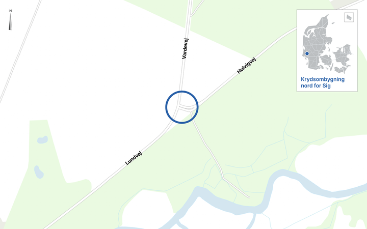 Vejdirektoratet ombygger frem mod november 2026 krydset mellem Vardevej og Hulvigvej på Rute 12 til en rundkørsel for at forbedre trafiksikkerheden. Kort: Vejdirektoratet.