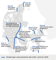 Sommerferietrafikken forventes især at koncentrere sig på disse strækninger. Grafik: Vejdirektoratet