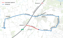 Omkørselsrute for trafikanter mens Vestvejen er spærret øst for E45 ved Horsens S.