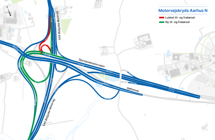 Motorvejskryds Aarhus N hvor trafikanterne fra onsdag morgen skal benytte nye til- og frakørselsramper. Foto: Vejdirektoratet