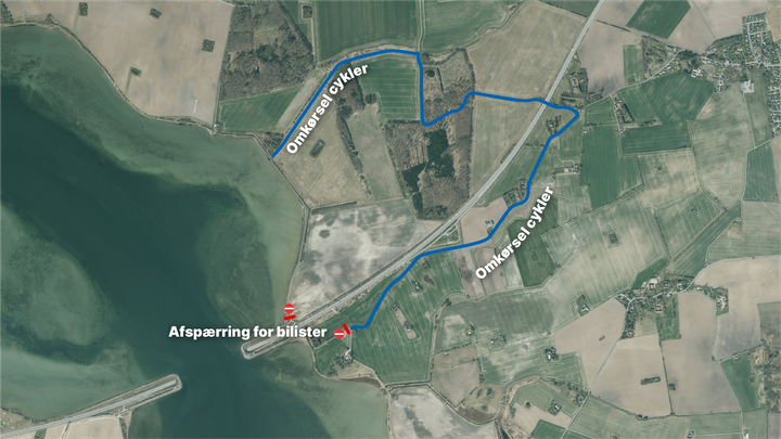 Spærrede veje for bilister og omkørsel for cyklister. Kort: Vejdirektoratet