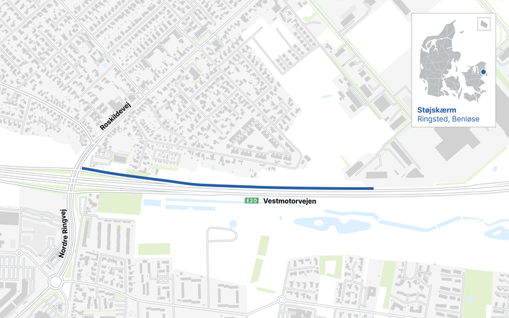 Placering af den kommende støjskærm ved Benløse i Ringsted. Kort: Vejdirektoratet.