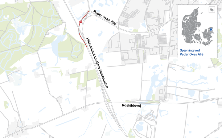 Tilkørsel til Hillerødmotorvejens forlængelse er spærret fra den 21.-24. august. Kort: Vejdirektoratet