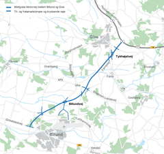 Kort over den kommende Midtjyske Motorvej mellem Billund og Give med sideveje og ramper