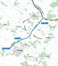 Kort over Midtjyske Motovej mellem Billund og Give