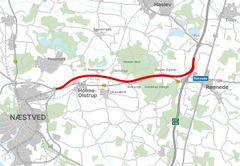 Linjeføringen for en ny motorvej mellem Næstved og Rønnede.