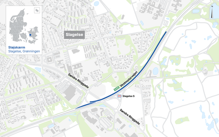 Støjskærmen bliver sat op på den nordlige side af Vestmotorvejen for at dæmpe trafikstøjen i Grønningen.