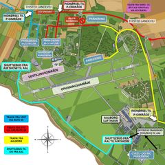 Arrangørerne har udarbejdet dette kort, som viser adgangsveje og transportmuligheder for besøgende. Grafik: Danish Air Show