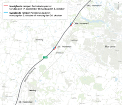 Til- og frakørslerne ved 57 Horsens S og 56b Horsens C på E45 spærres på skift i forbindelse med asfaltarbejde.