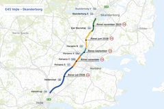 Status over strækningsåbninger for udbygningen af E45 Østjyske Motorvej mellem Vejle og Skanderborg.