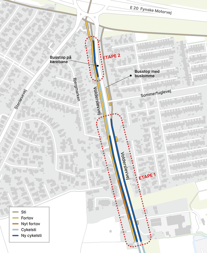 Vejdirektoratet etablerer frem mod april 2027 nye cykelstier og fortove på de dele af Volderslevvej, hvor de mangler. Kort: Vejdirektoratet.