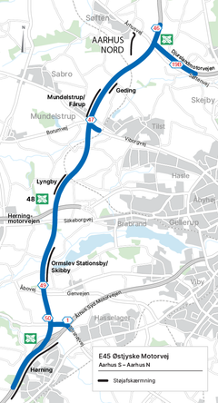 Kort over støjafskærmning langs E45 Aarhus S-N