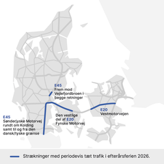 Her forventer Vejdirektoratet størst risiko for tæt trafik og forlænget rejsetid. Grafik: Vejdirektoratet