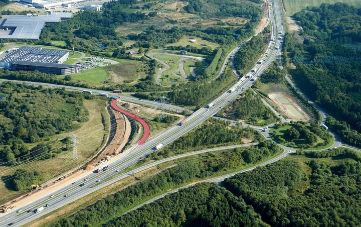 Tilkørslen til Sønderjyske Motorvej ved 62 Kolding Ø er midlertidigt spærret i sydgående retning mod Esbjerg og Flensborg. Foto: Vejdirektoratet
