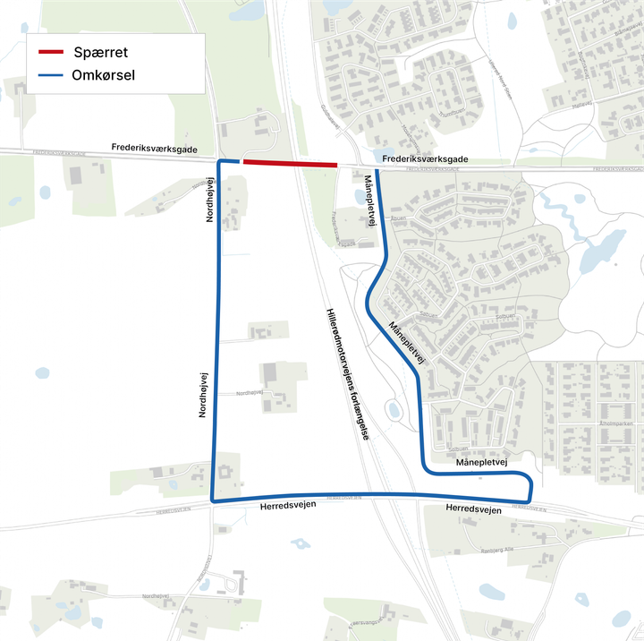 Den spærrede strækning vil stadig være åben for bløde trafikanter. Dog vil der være korte perioder, hvor det bliver nødvendigt at lukke vejen helt. Grafik: Vejdirektoratet