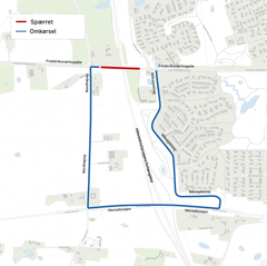 Den spærrede strækning vil stadig være åben for bløde trafikanter. Dog vil der være korte perioder, hvor det bliver nødvendigt at lukke vejen helt. Grafik: Vejdirektoratet
