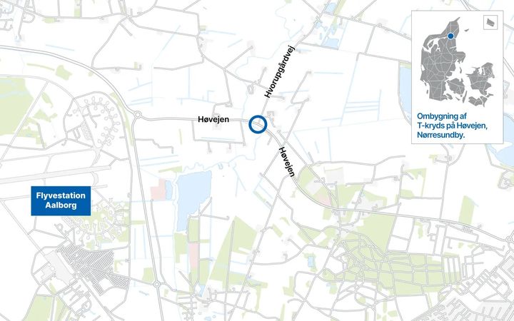 Vejdirektoratet etablerer en ny venstresvingsbane i krydset mellem Høvejen og Hvorupgårdvej nord for Nørresundby for at forbedre trafiksikkerheden og mindske risikoen for uheld. Kort: Vejdirektoratet.