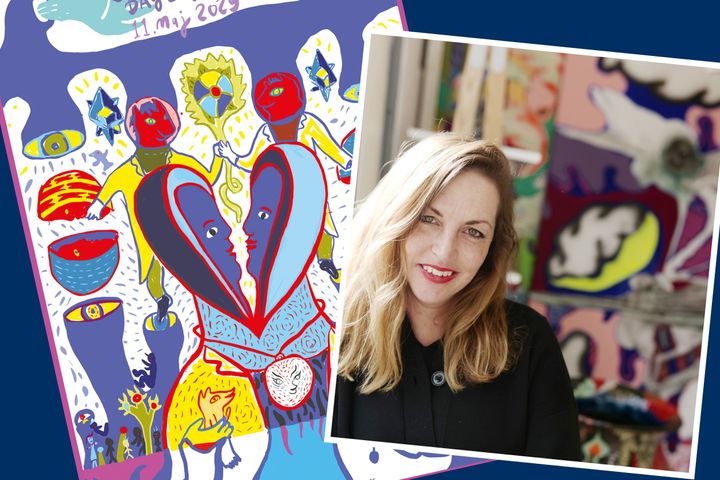 Børnehjælpsdagens årsplakat 2025 og kunstner Ida Kvetny, der har skabt værket.