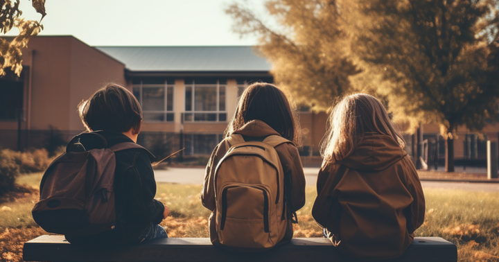 På billedet ses tre børn siddende på en bænk i en skolegår. Man ser dem bag fra.