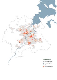 Urban heat map over Odense Kommune og Odense. De røde markeringer illustrerer områder med risiko for overophedning pga. tage og mørke belægninger som asfalt og fliser og et fravær af kølende elementer som træer og vand.