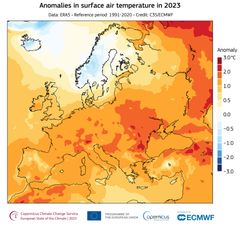 Gennemsnitlig overfladetemperatur-afvigelse (°C) for 2023 i forhold til referenceperioden 1991–2020. Data kilde: ERA5.