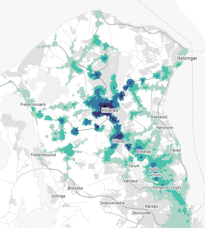 Kortlægning af rejsetider med offentlig transport gør Sweco i stand til at give regionen et værktøj til at optimere placeringen af de kommende EPX-uddannelser. Visualiseringen er et eksempel på resultatet fra en tidligere Sweco analyse om rejsetider til Hillerød Station.