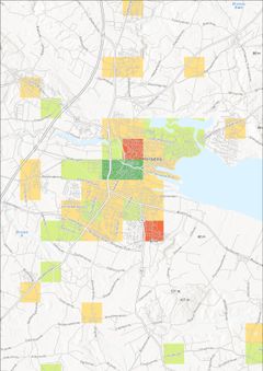 Kortet viser over- eller underskud af sikringsrumspladser i forhold til befolkningen i 1 x 1 km kvadrater. Ikke-farvede områder har ingen sikringsrum.