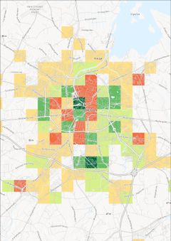Kortet viser over- eller underskud af sikringsrumspladser i forhold til befolkningen i 1 x 1 km kvadrater. Ikke-farvede områder har ingen sikringsrum.