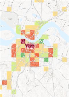 Kortet viser over- eller underskud af sikringsrumspladser i forhold til befolkningen i 1 x 1 km kvadrater. Ikke-farvede områder har ingen sikringsrum.