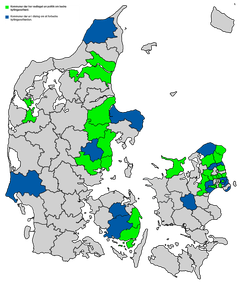 Kort over kommuner der har vedtaget et forbud mod indkøb af turbokyllinger (grøn) og kommuner der behandler forslag mod indkøb af turbokyllinger (blå)
