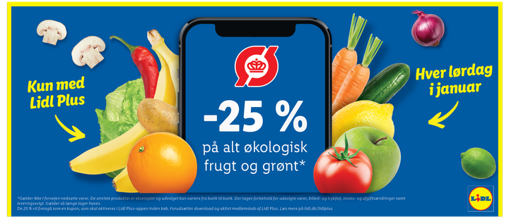 Alle lørdage i januar kan kunder med Lidl Plus-appen få 25 % rabat på alt økologisk frugt og grønt.