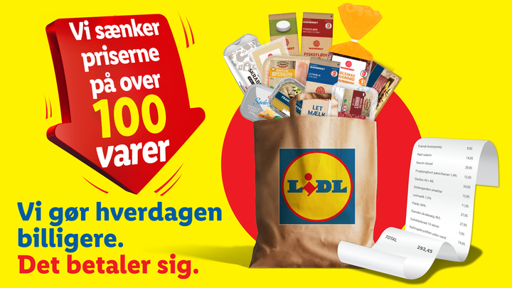 Lidl sænker priserne på over 100 hverdagsvarer. Prisnedsættelserne sker fra torsdag d. 9. oktober.