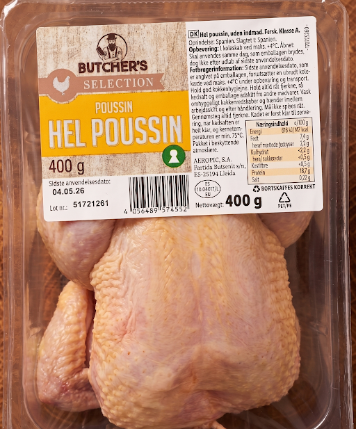 Hel Poussin af mærket Butcher’s med bedst før dato d. 04.05.2026 tilbagekaldes grundet risiko for salmonella.