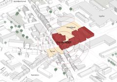 GrindSTEDET ligger centralt placeret i Grindsted bymidte, og er derfor en rigtig vigtig brik, for at skabe mere liv og aktivitet i bymidten. Hvis der kommer liv i de tomme lokaler i dette område, vil denne aktivitet også kunne mærkes i resten af bymidten. Illustration: Billund Kommune