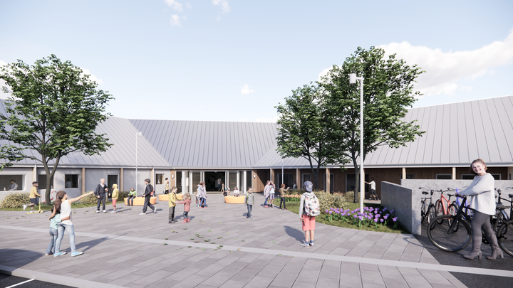 Udvendig illustration af den kommende skole i Hejnsvig. Den nye skole bliver stjerneformet, og i udformningen er der taget højde for både playful learning og de lokale foreninger. Illustration: Pluskontoret Arkitekter.