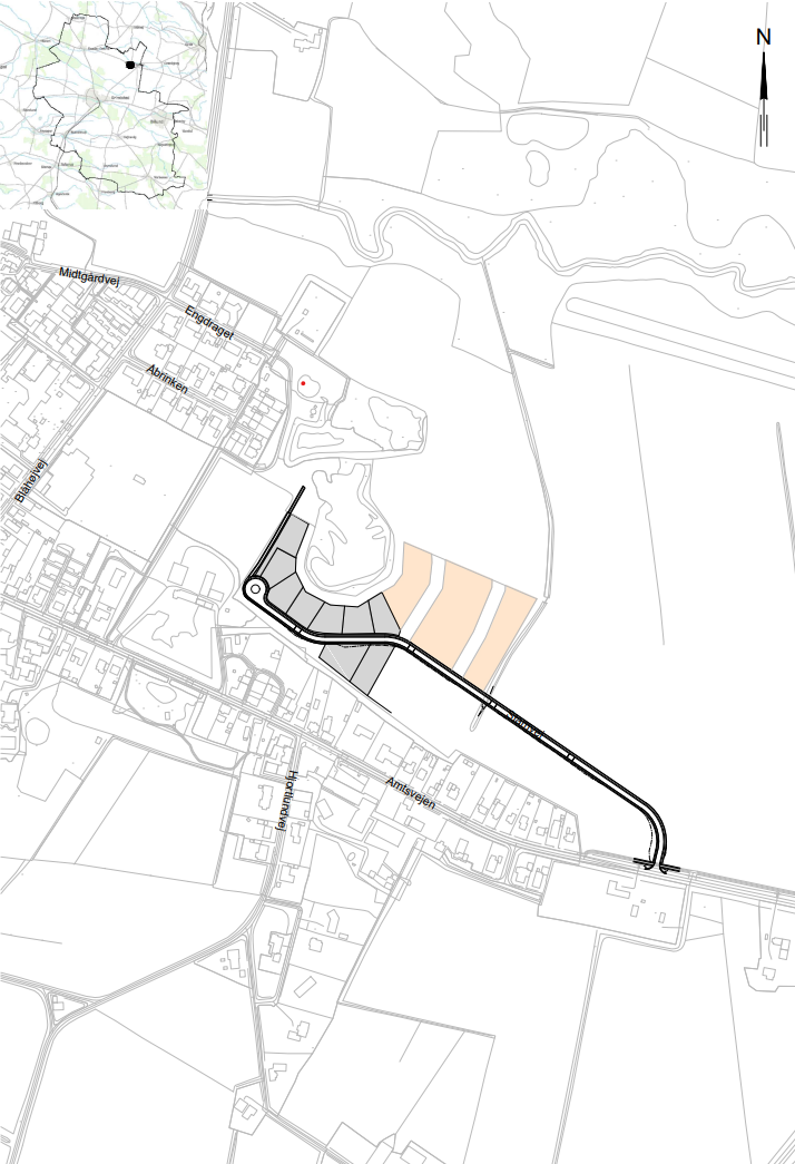 Overblik over byggegrunde ved Mergelgraven i Filskov. De gråskalerede felter er Etape 1, mens det lyserøde felt er Etape 2.