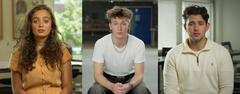 På billedet ses de tre skuespillere, der spiller hhv. Malika, Jonas og Emil i kortfilmen 'før det vælter'.
