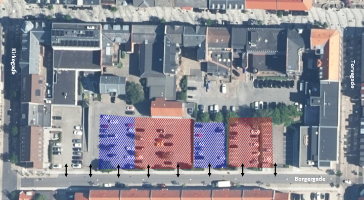 Illustration: Parkering i de blå områder følger reglerne for offentlig parkering, mens de røde områder efter 1. marts bliver private p-pladser.