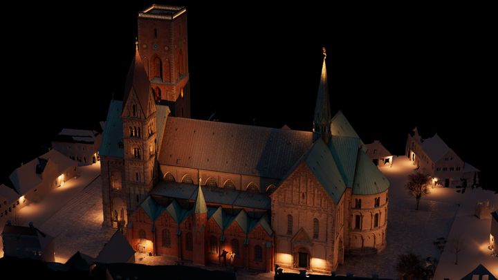 Modelleret foto af forslag til belysning af Ribe Domkirke fra syd, men prøveopsætningen er ikke så omfangsrig.