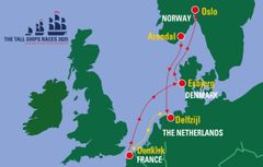 Rutekortet for The Tall Ships Races 2029 viser de fem værtshavne.