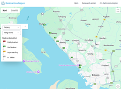 På Badevand.dk ses alle strande tæt på Esbjerg, og de grønne flag angiver at badevandskvaliteten er god.