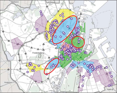 Kort over nuværende erhvervsparkeringspladser samt mulige indsatsområder (markeret med rødt).