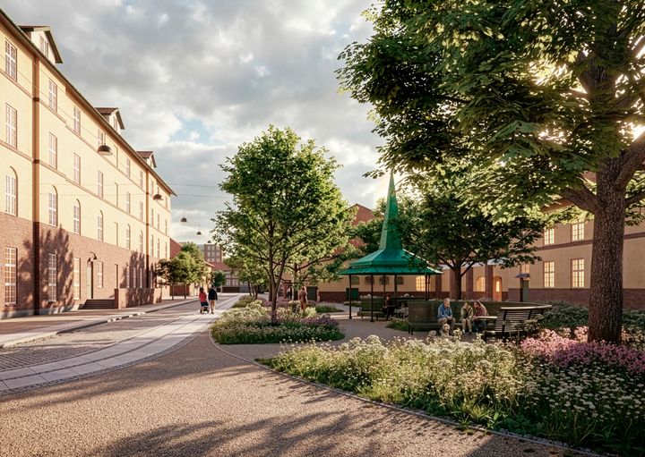 Visualisering af et udeområde i Sundholm på Amager med træer, beplantning, stier og bygninger i baggrunden, designet af Os Arkitekter.