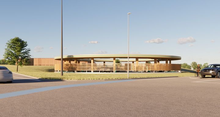 Ud til hjørnet af Fynsvej og Lyshøj Allé i Kolding bygger EWII en cirkelformet ladestation med plads til 12 elbiler ad gangen.